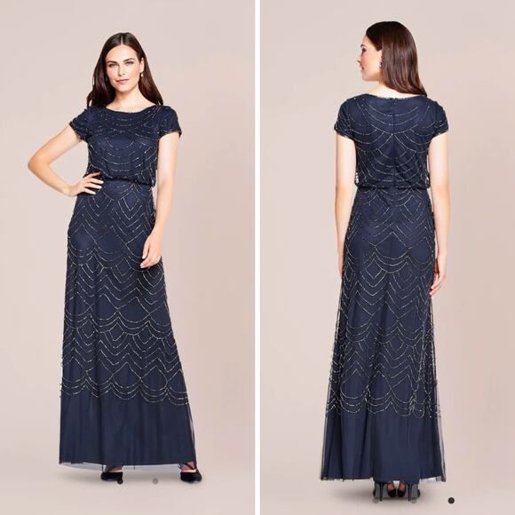 NWT ADRIANNA PAPELL DRESS 2 GOWN SEQUIN BEADED BLOUSON BLUE SHEER MESH ART DECO - Picture 1 of 16